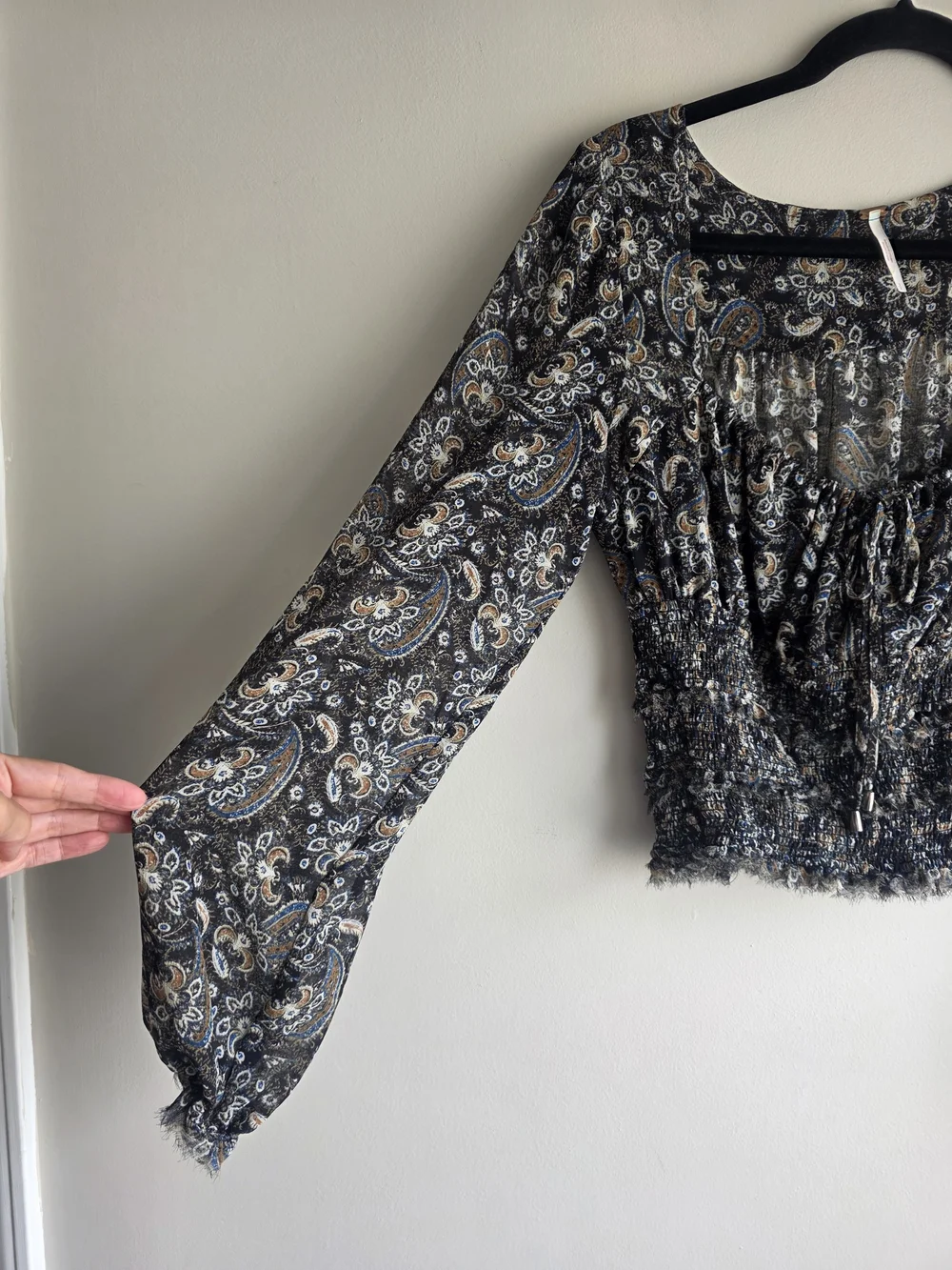 Free People Lolita Black Paisley Smocked Crop Blouse Top S Like New